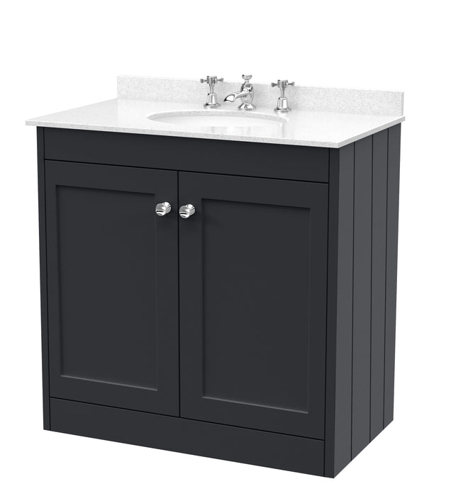 Old London Ashwick Satin Soft Black 800mm Floorstanding 2-Door Unit With Marble Top 3 Tap Hole
