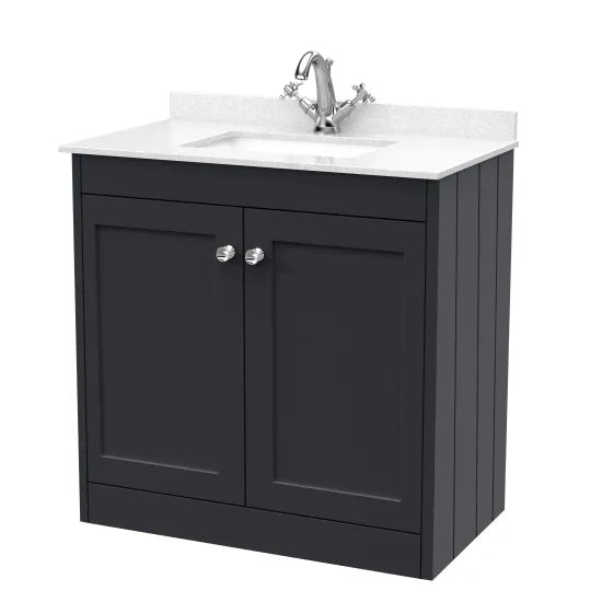 Old London Ashwick Satin Soft Black 800mm Floorstanding 2-Door Unit With Marble Top 1 Tap Hole