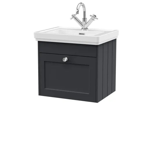 Old London Ashwick Satin Soft Black 500mm Wall Hung 1-Drawer Unit With Basin