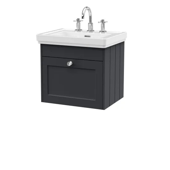 Old London Ashwick Satin Soft Black 500mm Wall Hung 1-Drawer Unit With Basin
