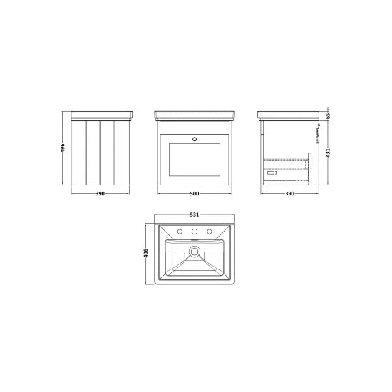Old London Ashwick Satin Soft Black 500mm Wall Hung 1-Drawer Unit With Basin