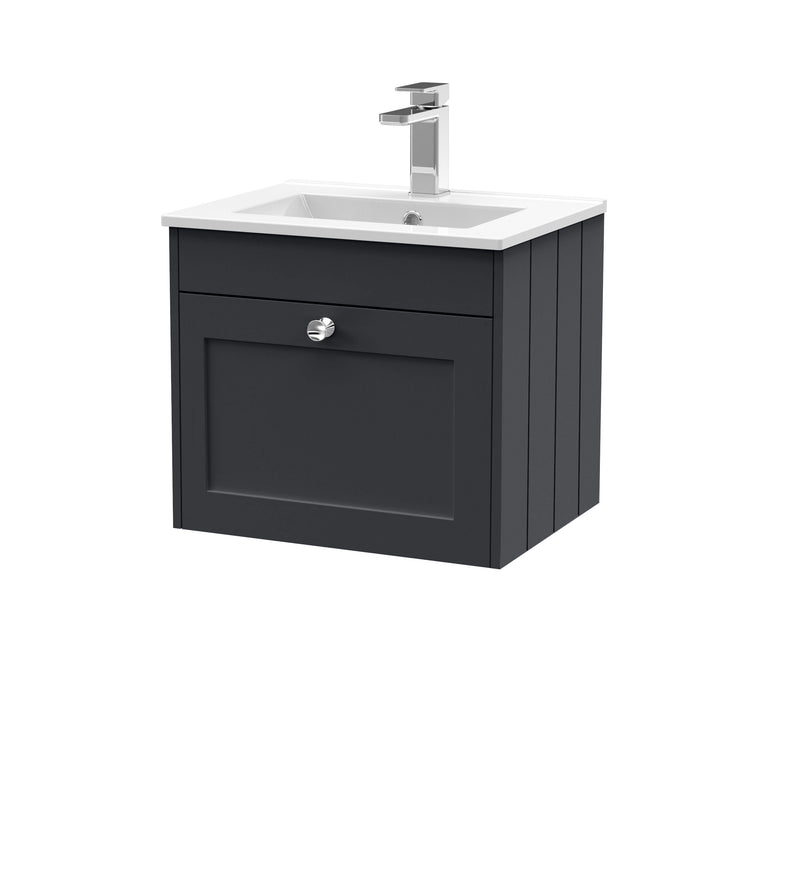 Old London Ashwick Satin Soft Black 500mm Wall Hung 1-Drawer Unit With Minimalist Basin