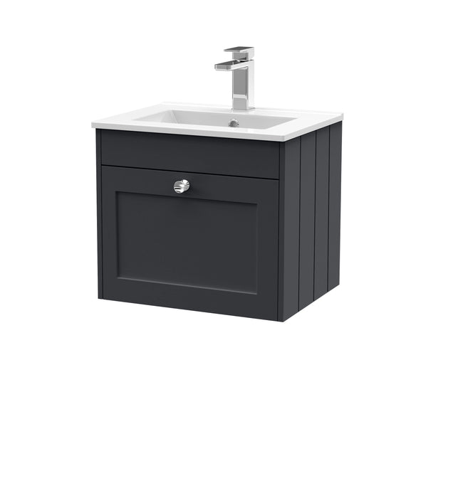 Old London Ashwick Satin Soft Black 500mm Wall Hung 1-Drawer Unit With Minimalist Basin