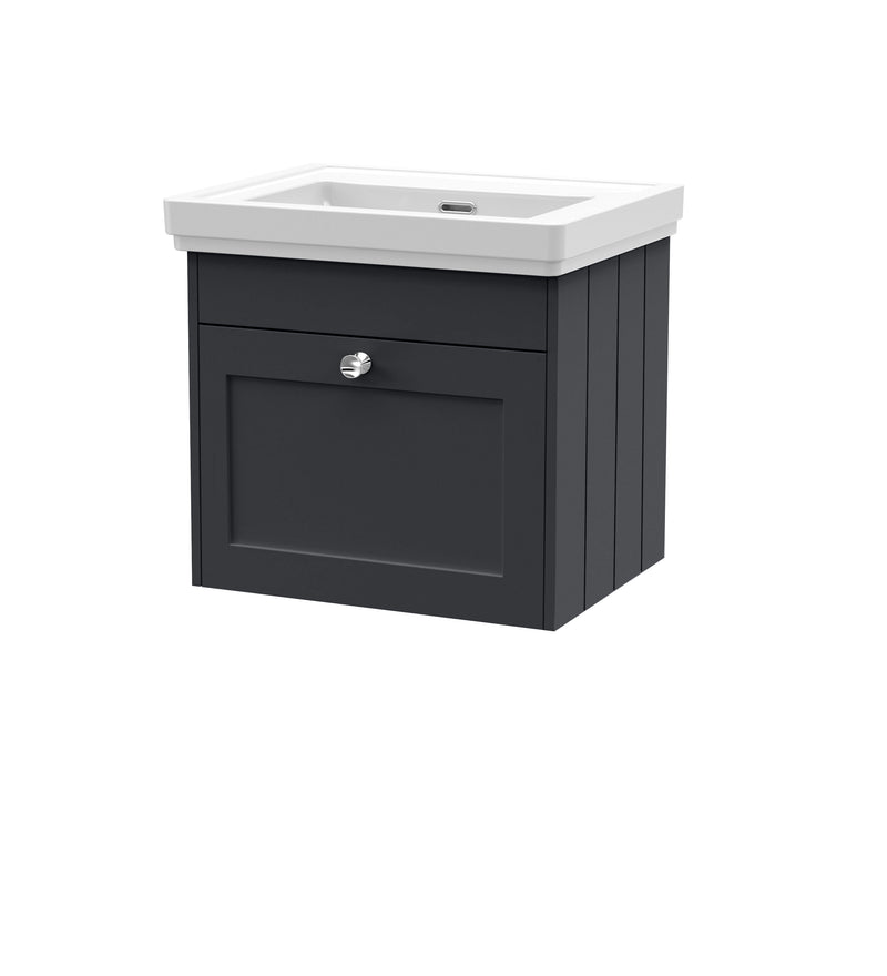 Old London Ashwick Satin Soft Black 500mm Wall Hung 1-Drawer Unit With Basin No Tap Hole