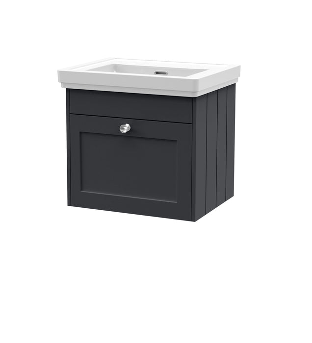 Old London Ashwick Satin Soft Black 500mm Wall Hung 1-Drawer Unit With Basin No Tap Hole