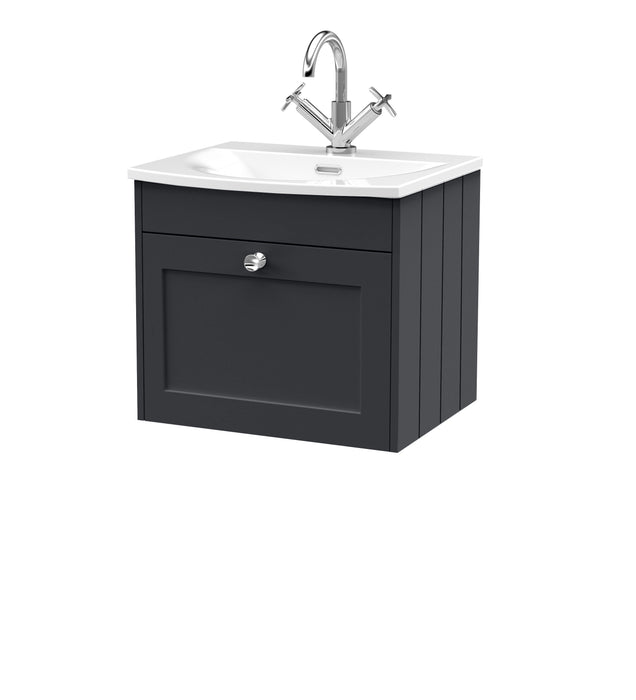 Old London Ashwick Satin Soft Black 500mm Wall Hung 1-Drawer Unit With Curved Basin