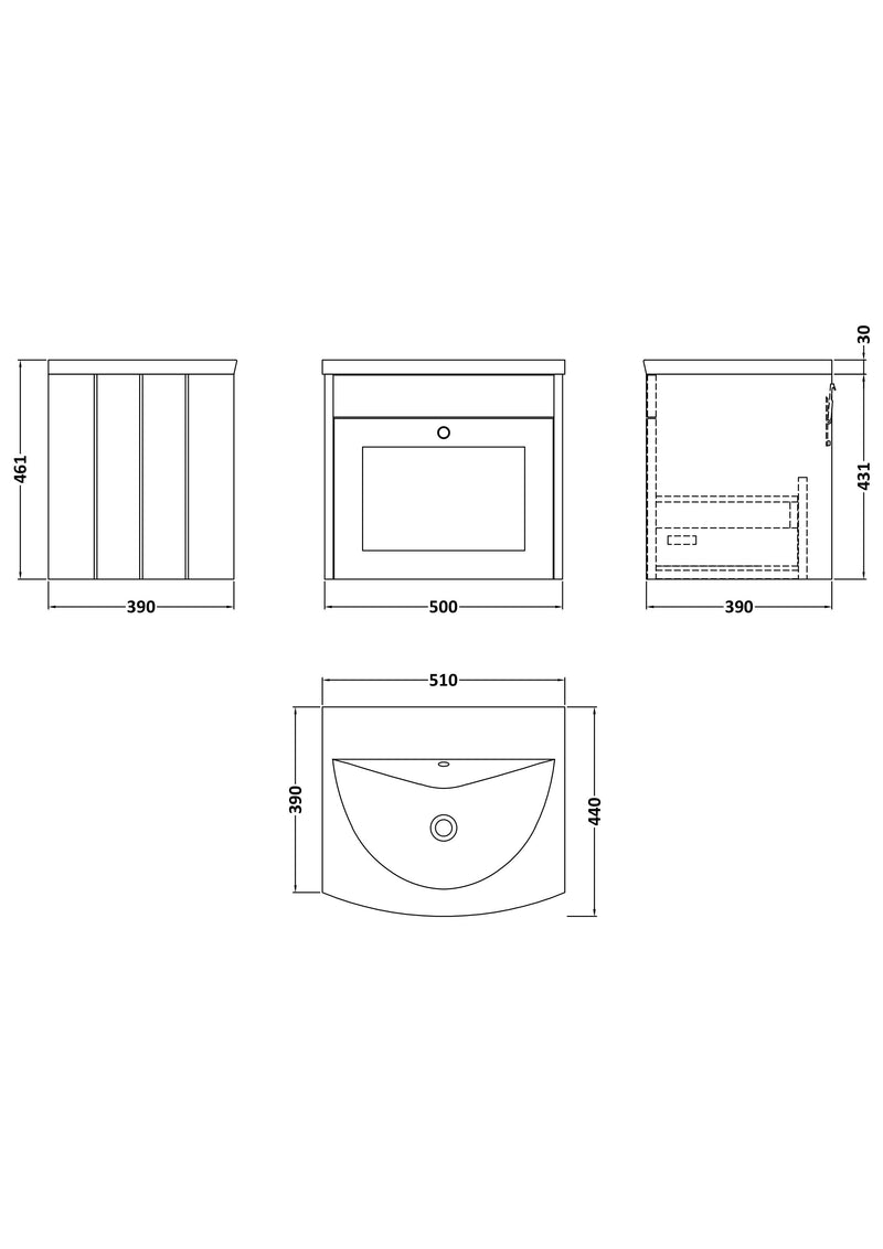 Old London Ashwick Satin Soft Black 500mm Wall Hung 1-Drawer Unit With Curved Basin