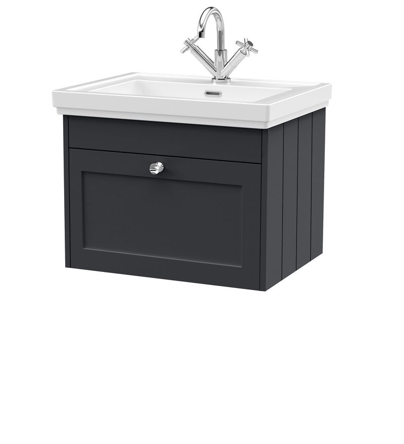 Old London Ashwick Satin Soft Black 600mm Wall Hung 1-Drawer Unit With Basin