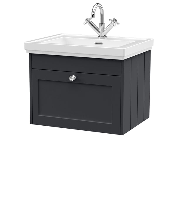 Old London Ashwick Satin Soft Black 600mm Wall Hung 1-Drawer Unit With Basin
