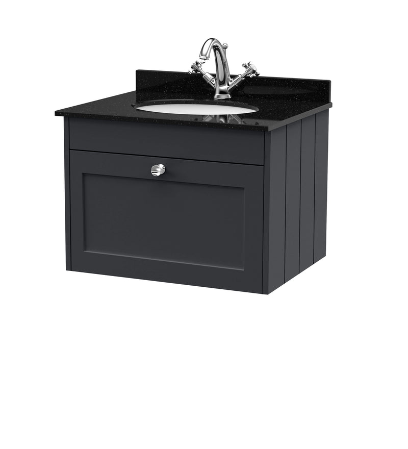 Old London Ashwick Satin Soft Black 600mm Wall Hung 1-Drawer Unit With Marble Top 1 Tap Hole