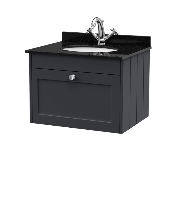 Old London Ashwick Satin Soft Black 600mm Wall Hung 1-Drawer Unit With Marble Top 1 Tap Hole