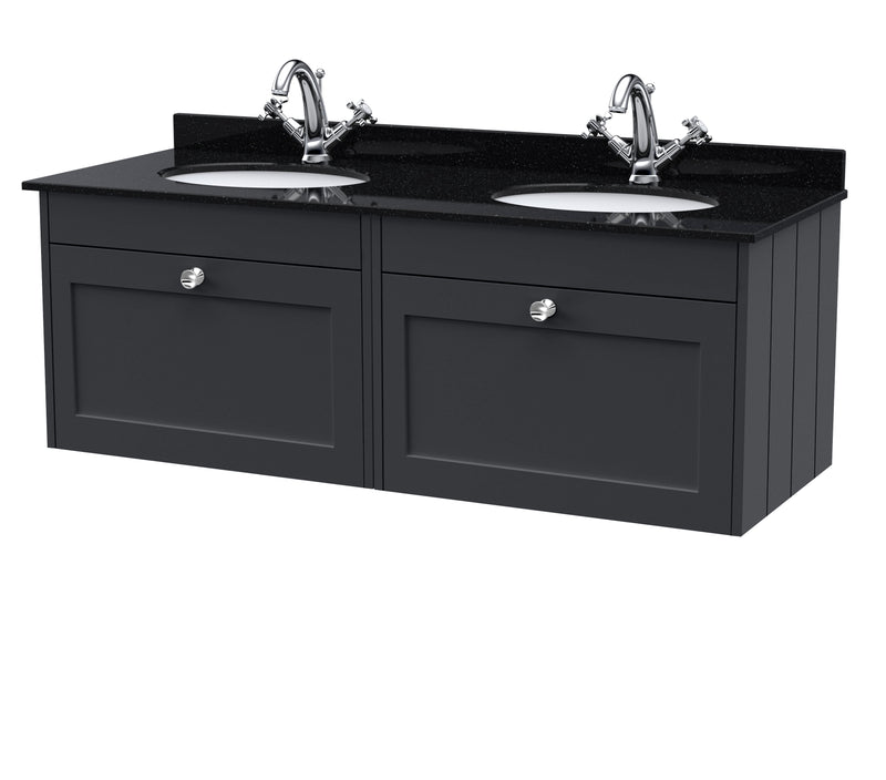 Old London Ashwick Satin Soft Black 1200mm Wall Hung 2-Drawer Unit With Marble Top