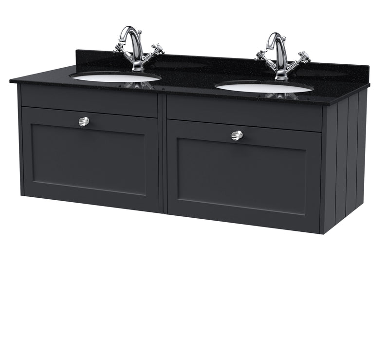 Old London Ashwick Satin Soft Black 1200mm Wall Hung 2-Drawer Unit With Marble Top