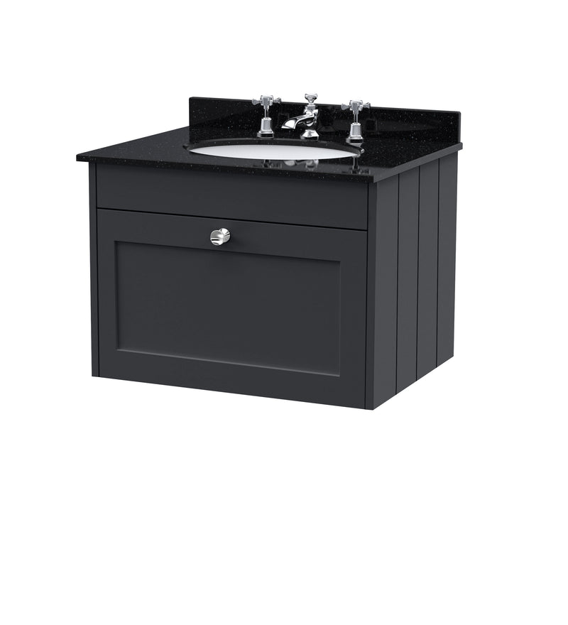 Old London Ashwick Satin Soft Black 600mm Wall Hung 1-Drawer Unit With Marble Top 3 Tap Hole
