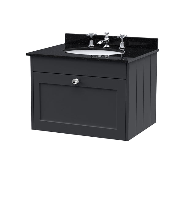 Old London Ashwick Satin Soft Black 600mm Wall Hung 1-Drawer Unit With Marble Top 3 Tap Hole