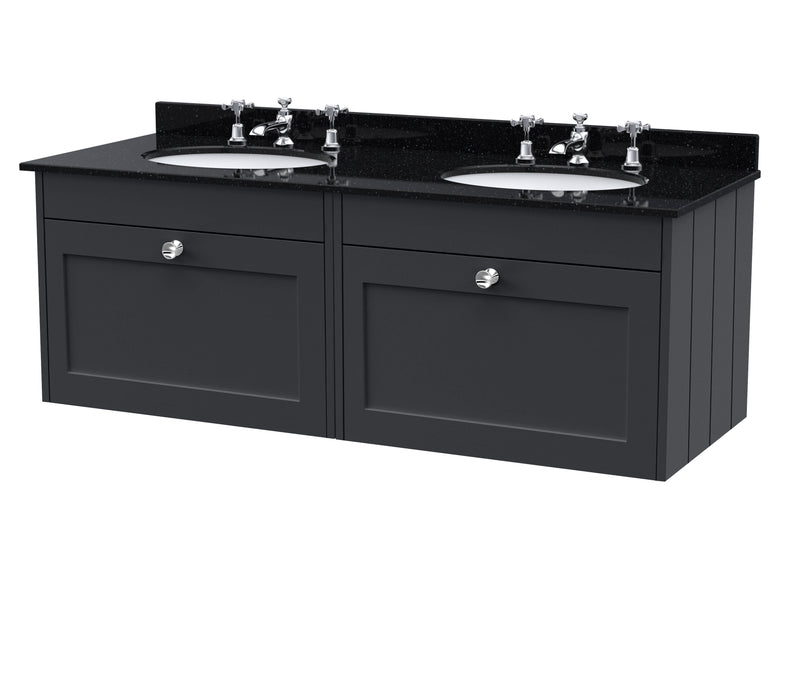 Old London Ashwick Satin Soft Black 1200mm Wall Hung 2-Drawer Unit With Marble Top