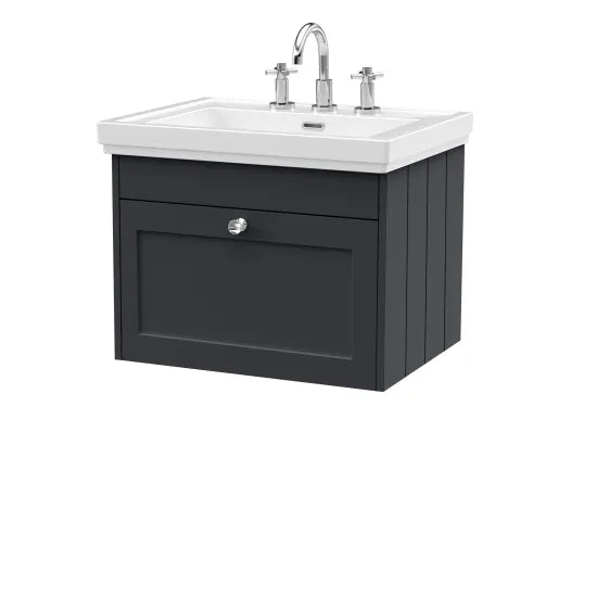 Old London Ashwick Satin Soft Black 600mm Wall Hung 1-Drawer Unit With Basin
