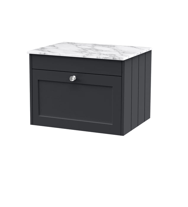 Old London Ashwick Satin Soft Black 600mm Wall Hung 1-Drawer Unit With Marble Top