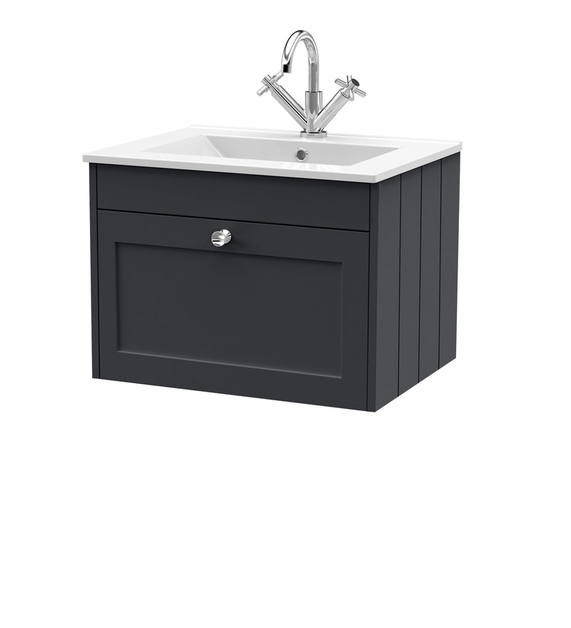 Old London Ashwick Satin Soft Black 600mm Wall Hung 1-Drawer Unit With Basin 1 Tap Hole