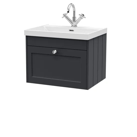Old London Ashwick Satin Soft Black 600mm Wall Hung 1-Drawer Unit With Basin 1 Tap Hole
