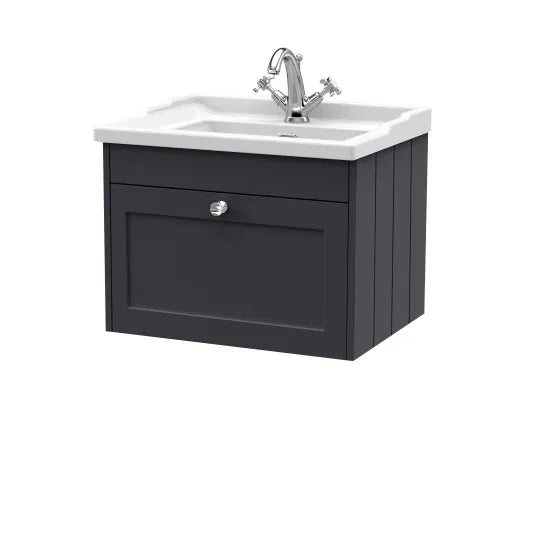 Old London Ashwick Satin Soft Black 600mm Wall Hung 1-Drawer Unit With Basin 1 Tap Hole