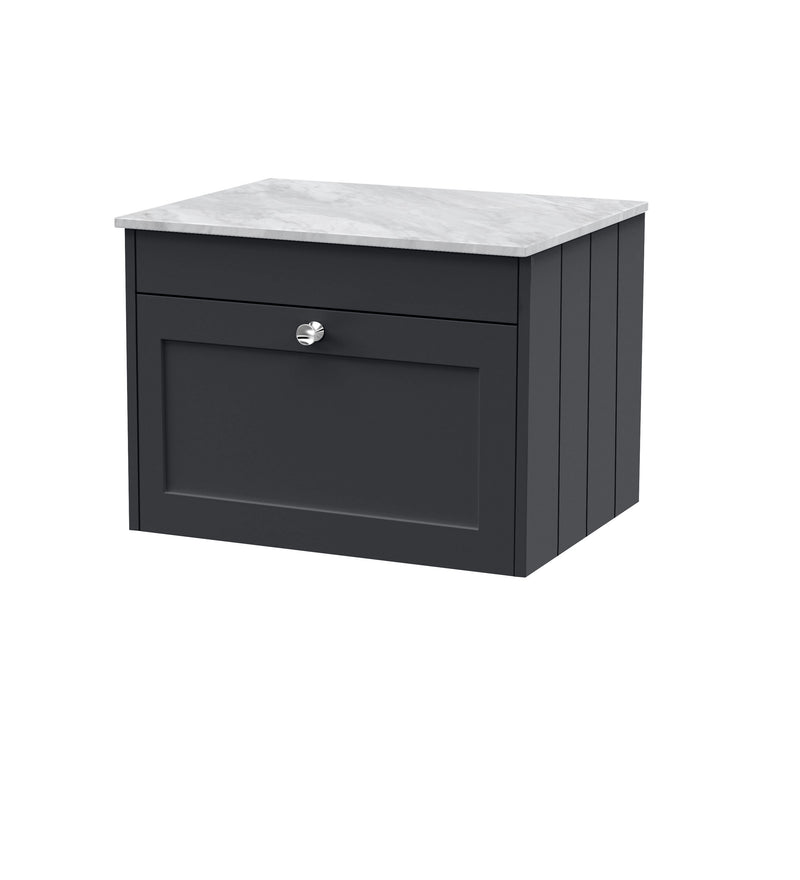 Old London Ashwick Satin Soft Black 600mm Wall Hung 1-Drawer Unit With Marble Top