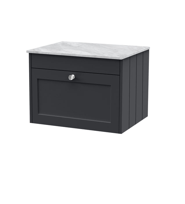Old London Ashwick Satin Soft Black 600mm Wall Hung 1-Drawer Unit With Marble Top