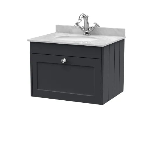 Old London Ashwick Satin Soft Black 600mm Wall Hung 1-Drawer Unit With Marble Top 1 Tap Hole