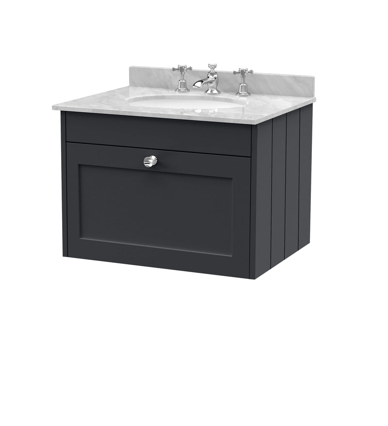 Old London Ashwick Satin Soft Black 600mm Wall Hung 1-Drawer Unit With Marble Top 3 Tap Hole