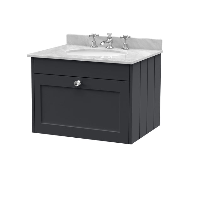 Old London Ashwick Satin Soft Black 600mm Wall Hung 1-Drawer Unit With Marble Top 3 Tap Hole