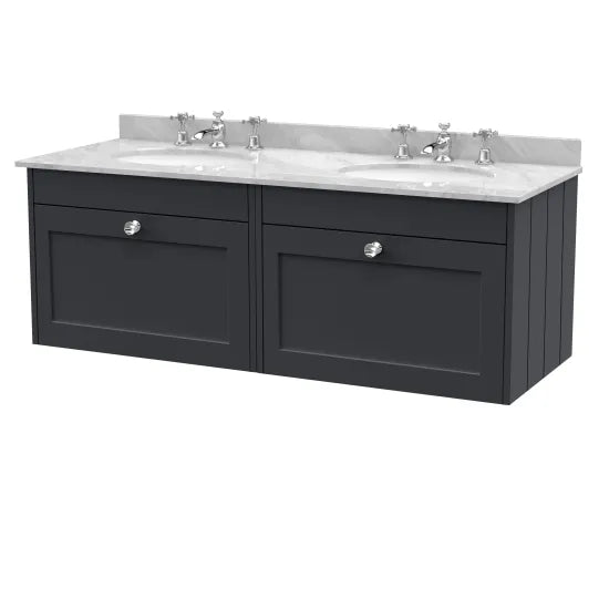 Old London Ashwick Satin Soft Black 1200mm Wall Hung 2-Drawer Unit With Marble Top