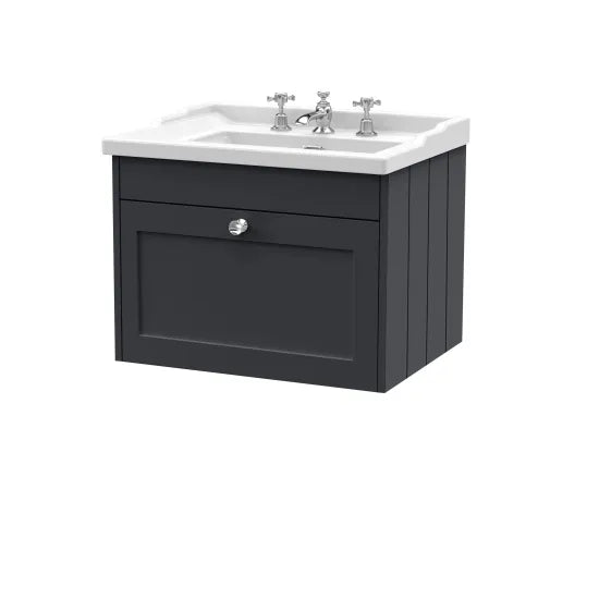 Old London Ashwick Satin Soft Black 600mm Wall Hung 1-Drawer Unit With Basin 3 Tap Hole