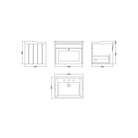 Old London Ashwick Satin Soft Black 600mm Wall Hung 1-Drawer Unit With Basin 3 Tap Hole