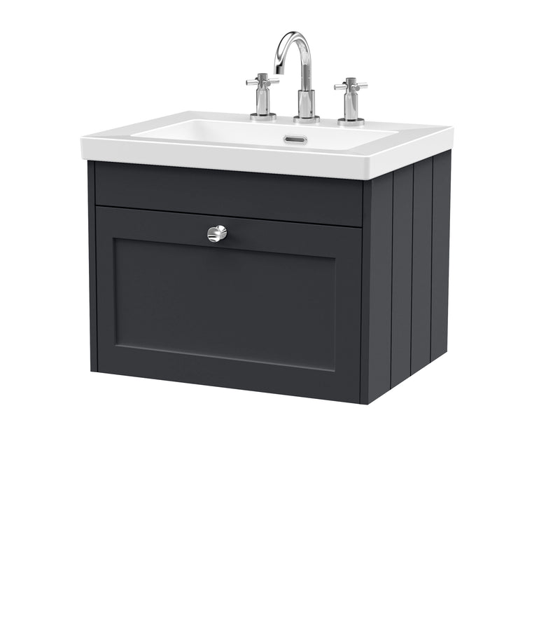 Old London Ashwick Satin Soft Black 600mm Wall Hung 1-Drawer Unit With Basin 3 Tap Hole