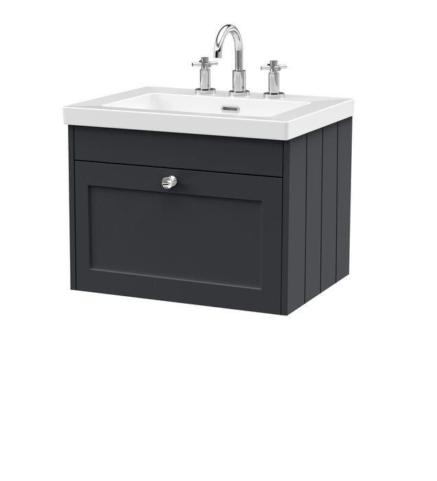 Old London Ashwick Satin Soft Black 600mm Wall Hung 1-Drawer Unit With Basin 3 Tap Hole