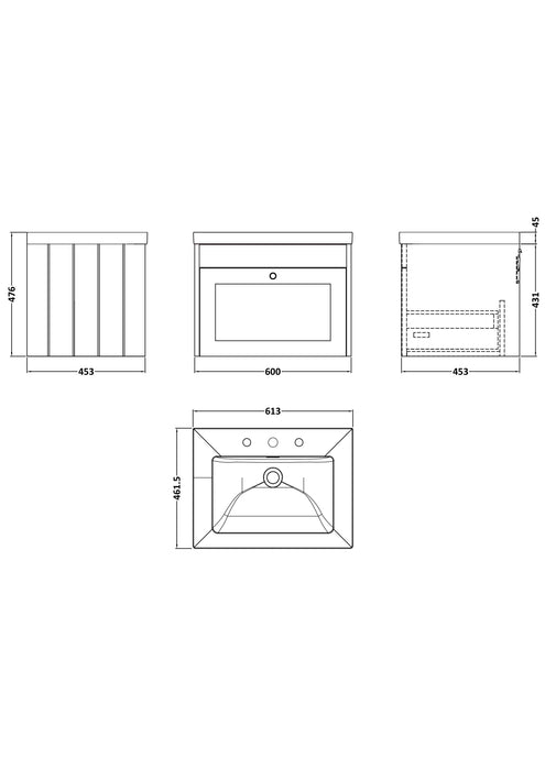 Old London Ashwick Satin Soft Black 600mm Wall Hung 1-Drawer Unit With Basin 3 Tap Hole