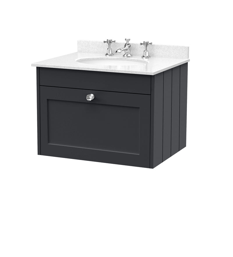 Old London Ashwick Satin Soft Black 600mm Wall Hung 1-Drawer Unit With Marble Top 3 Tap Hole