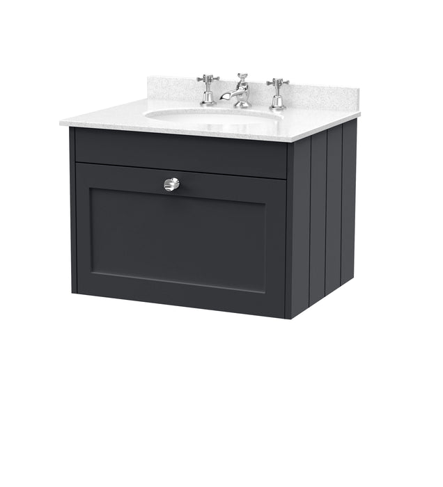 Old London Ashwick Satin Soft Black 600mm Wall Hung 1-Drawer Unit With Marble Top 3 Tap Hole
