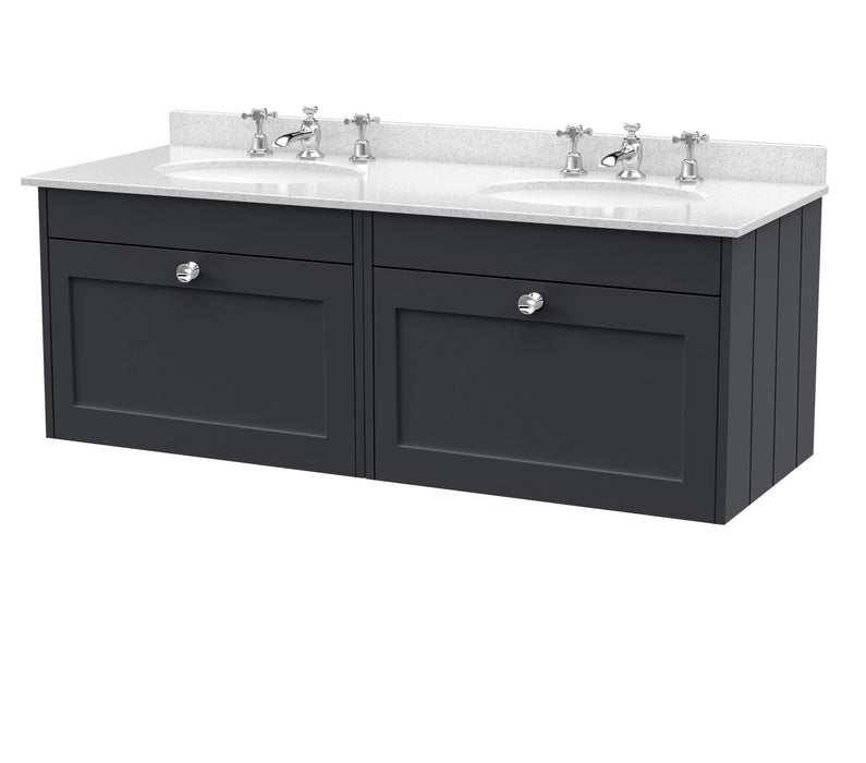 Old London Ashwick Satin Soft Black 1200mm Wall Hung 2-Drawer Unit With Marble Top