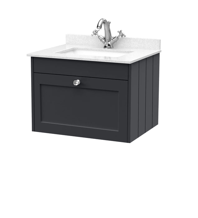 Old London Ashwick Satin Soft Black 600mm Wall Hung 1-Drawer Unit With Marble Top 1 Tap Hole