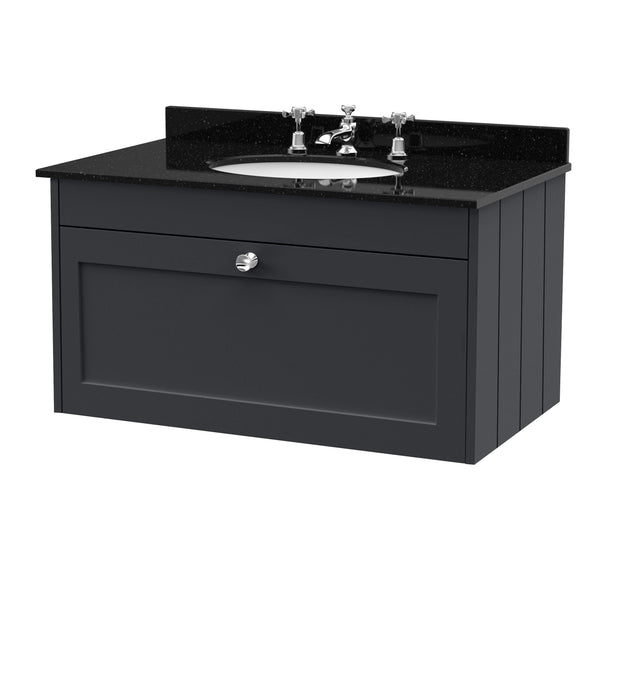 Old London Ashwick Satin Soft Black 800mm Wall Hung 1-Drawer Unit With Marble Top 3 Tap Hole