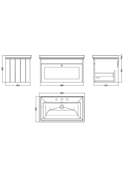 Old London Ashwick Satin Soft Black 800mm Wall Hung 1-Drawer Unit With Basin 3 Tap Hole