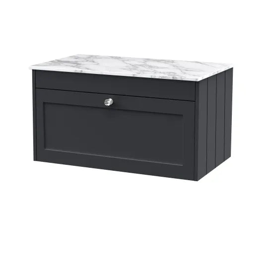 Old London Ashwick Satin Soft Black 800mm Wall Hung 1-Drawer Unit with Marble Top