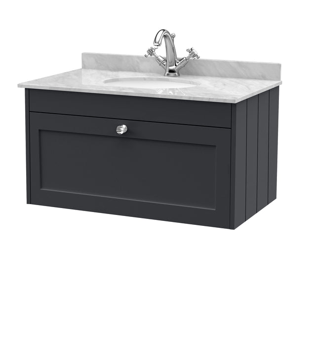 Old London Ashwick Satin Soft Black 800mm Wall Hung 1-Drawer Unit With Marble Top 1 Tap Hole