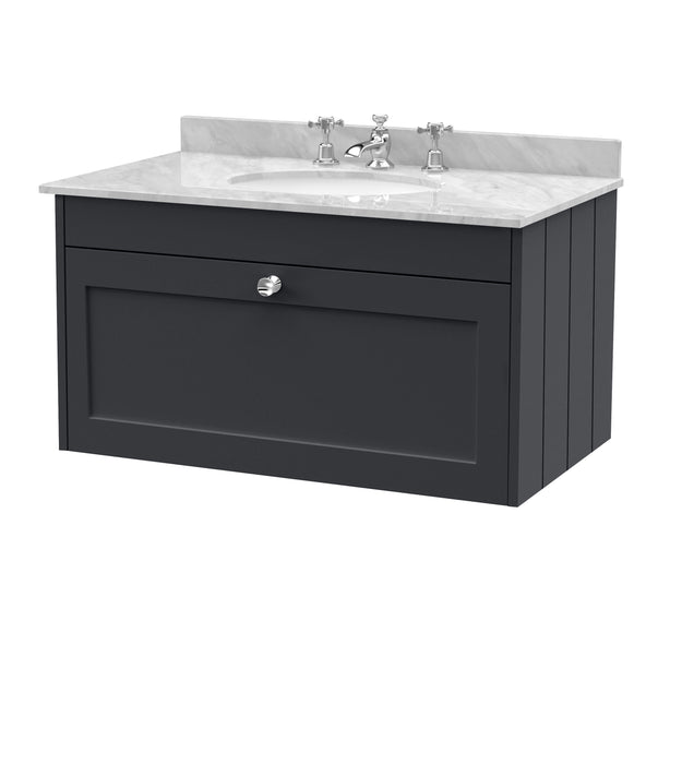 Old London Ashwick Satin Soft Black 800mm Wall Hung 1-Drawer Unit With Marble Top 3 Tap Hole