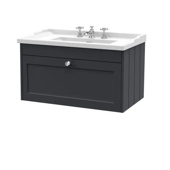 Old London Ashwick Satin Soft Black 800mm Wall Hung 1-Drawer Unit With Basin 3 Tap Hole