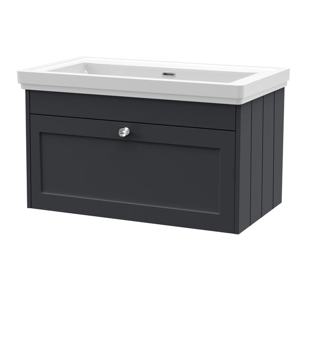 Old London Ashwick Satin Soft Black 800mm Wall Hung 1-Drawer Unit With Basin No Tap Hole