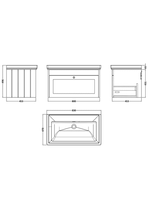 Old London Ashwick Satin Soft Black 800mm Wall Hung 1-Drawer Unit With Basin No Tap Hole