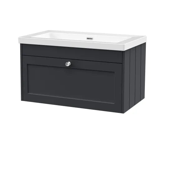Old London Ashwick Satin Soft Black 800mm Wall Hung 1-Drawer Unit with Basin 0 TH