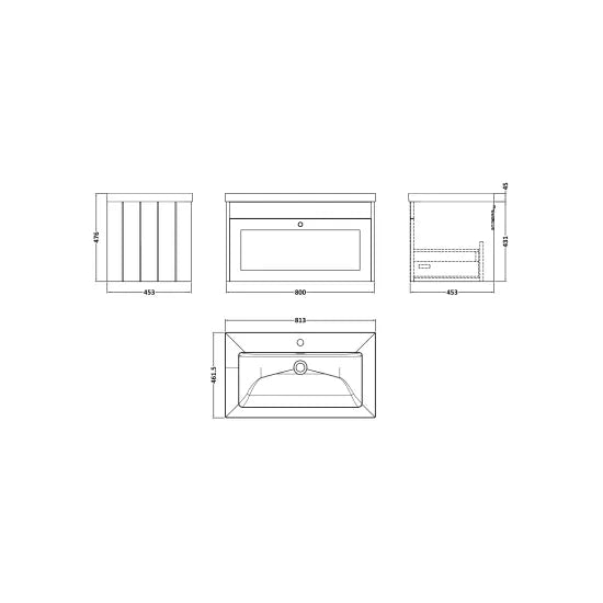 Old London Ashwick Satin Soft Black 800mm Wall Hung 1-Drawer Unit with Basin 0 TH